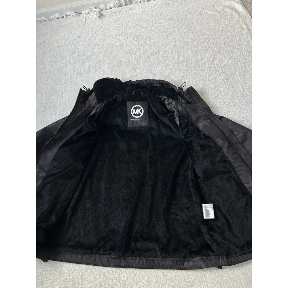 Michael Kors Black Gray Camouflage Hooded Jacket Size L Zippers Pockets
